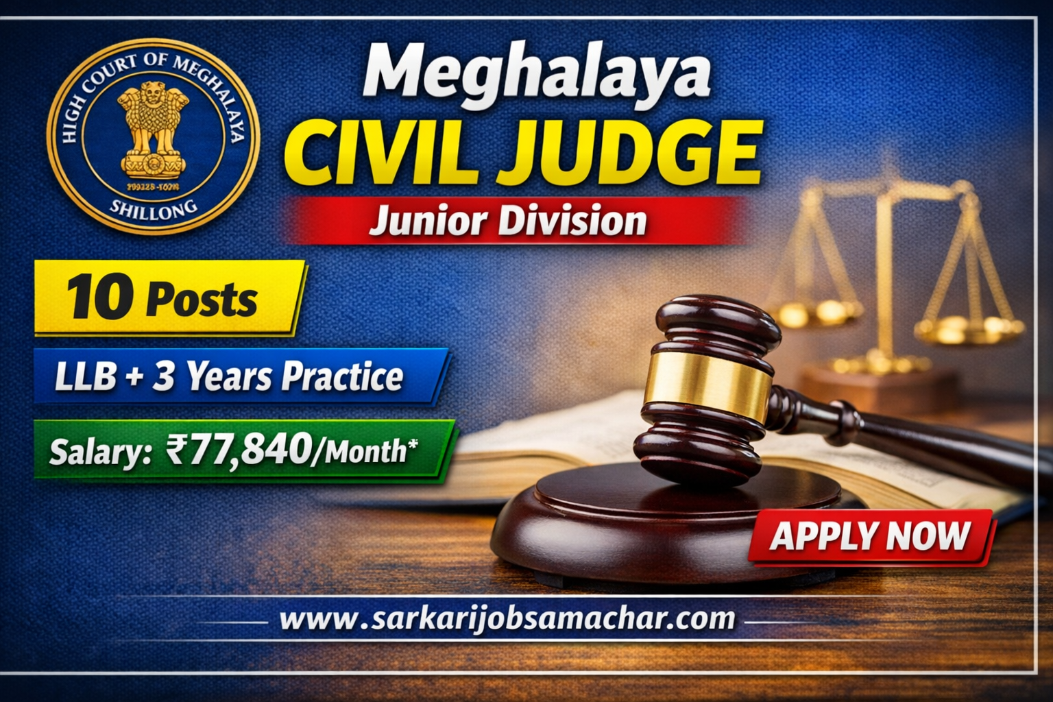 High Court of Meghalaya Civil Judge (Junior Division)-cum-Judicial Magistrate First Class Recruitment 2026 – Apply Online for 10 Posts